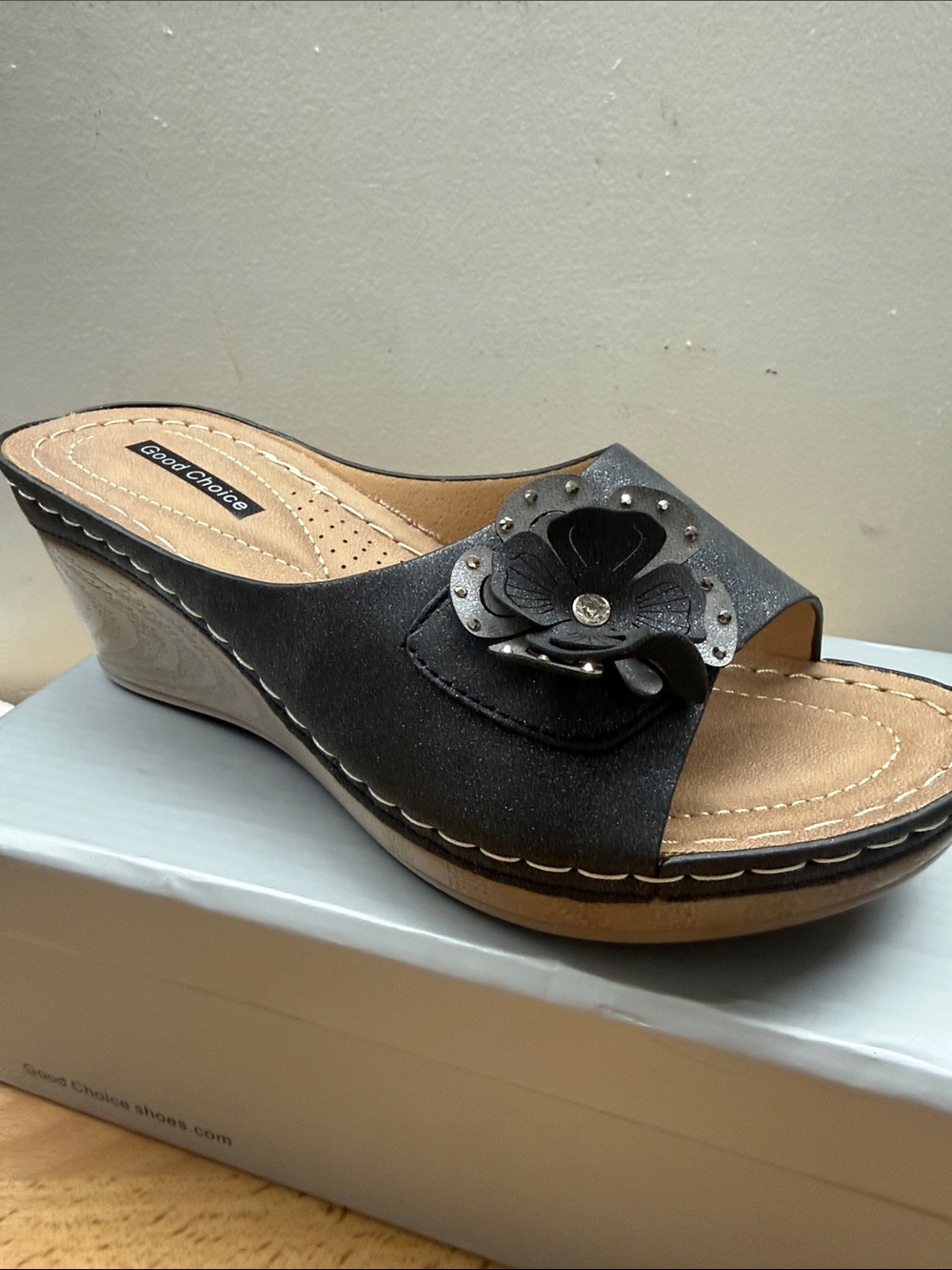 Good Choice Black Wedge Slide with Floral Accent